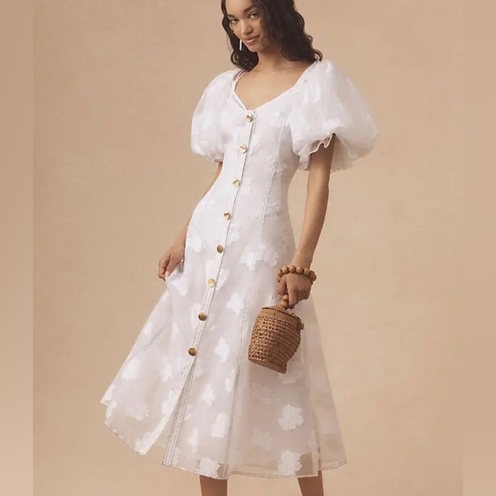 Anthropologie Let Me Be Puff Sleeve Sheer Midi Dress White Size S NWT